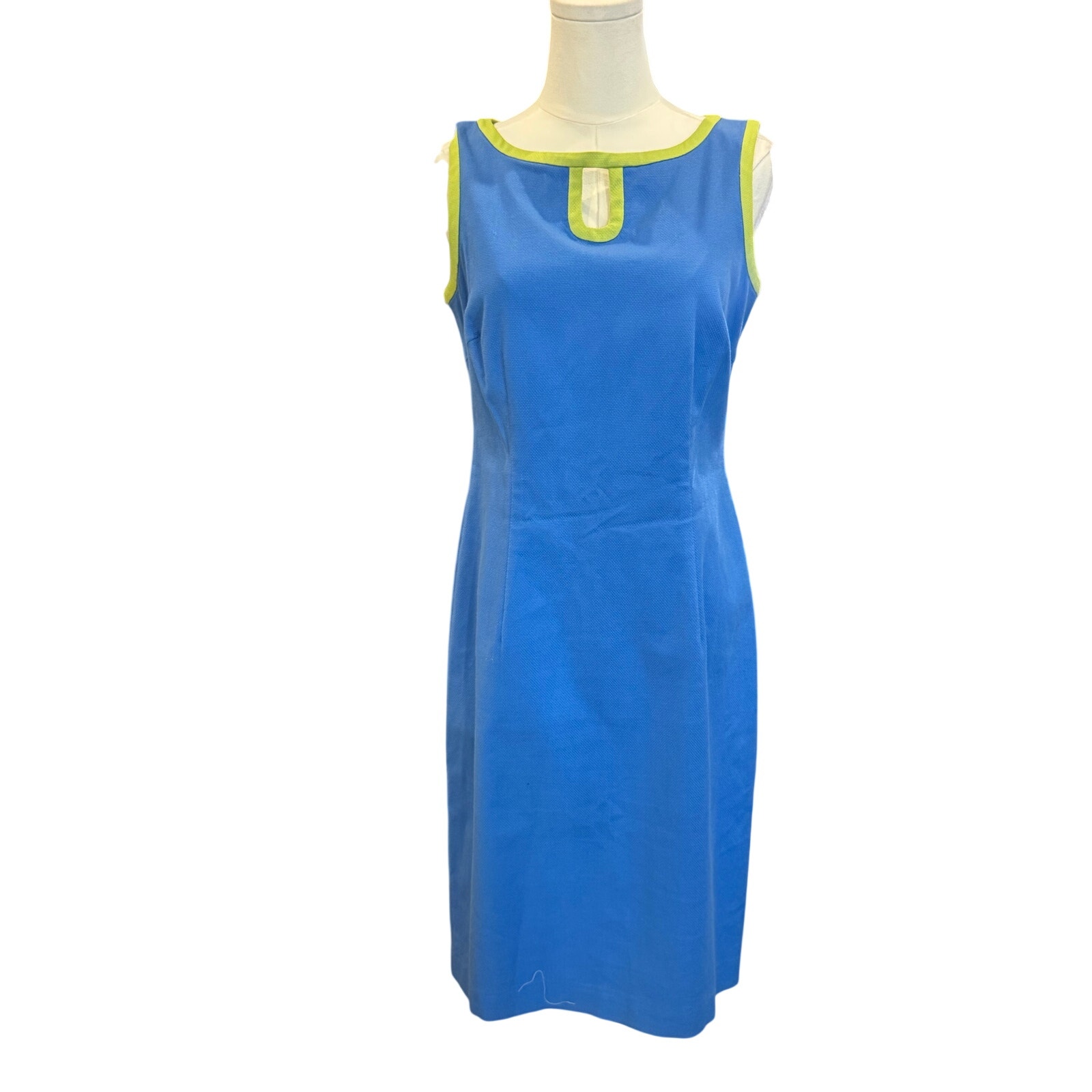 Talbots Blue Shift Dress Lime Trim Sleeveless Size 6 Stretch Midi